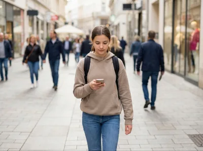 Teenage Girl Walking Down City Street Using Smartphone