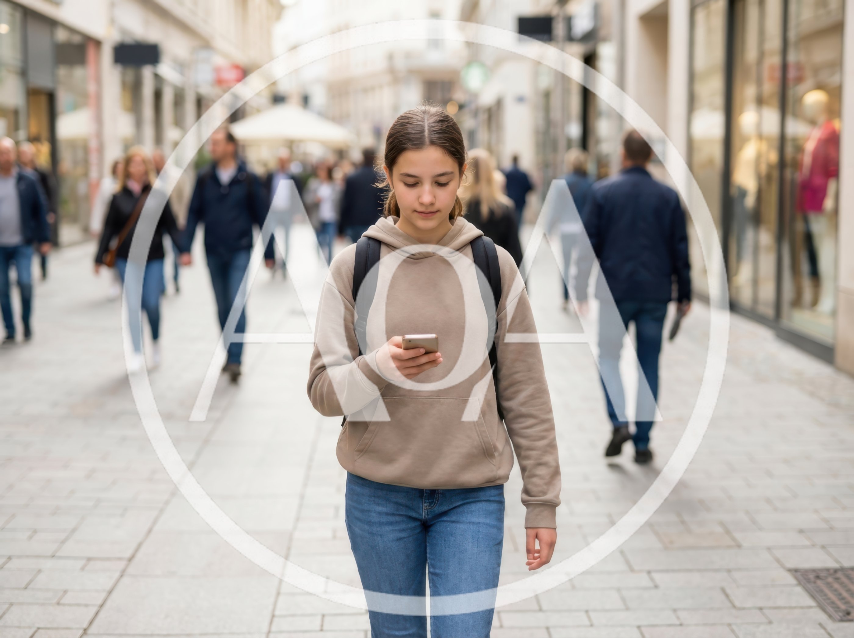 Teenage Girl Walking Down City Street Using Smartphone