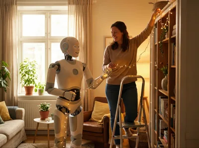 Humanoid Robot Assisting Woman Decorating Bookshelf With Fairy Lights