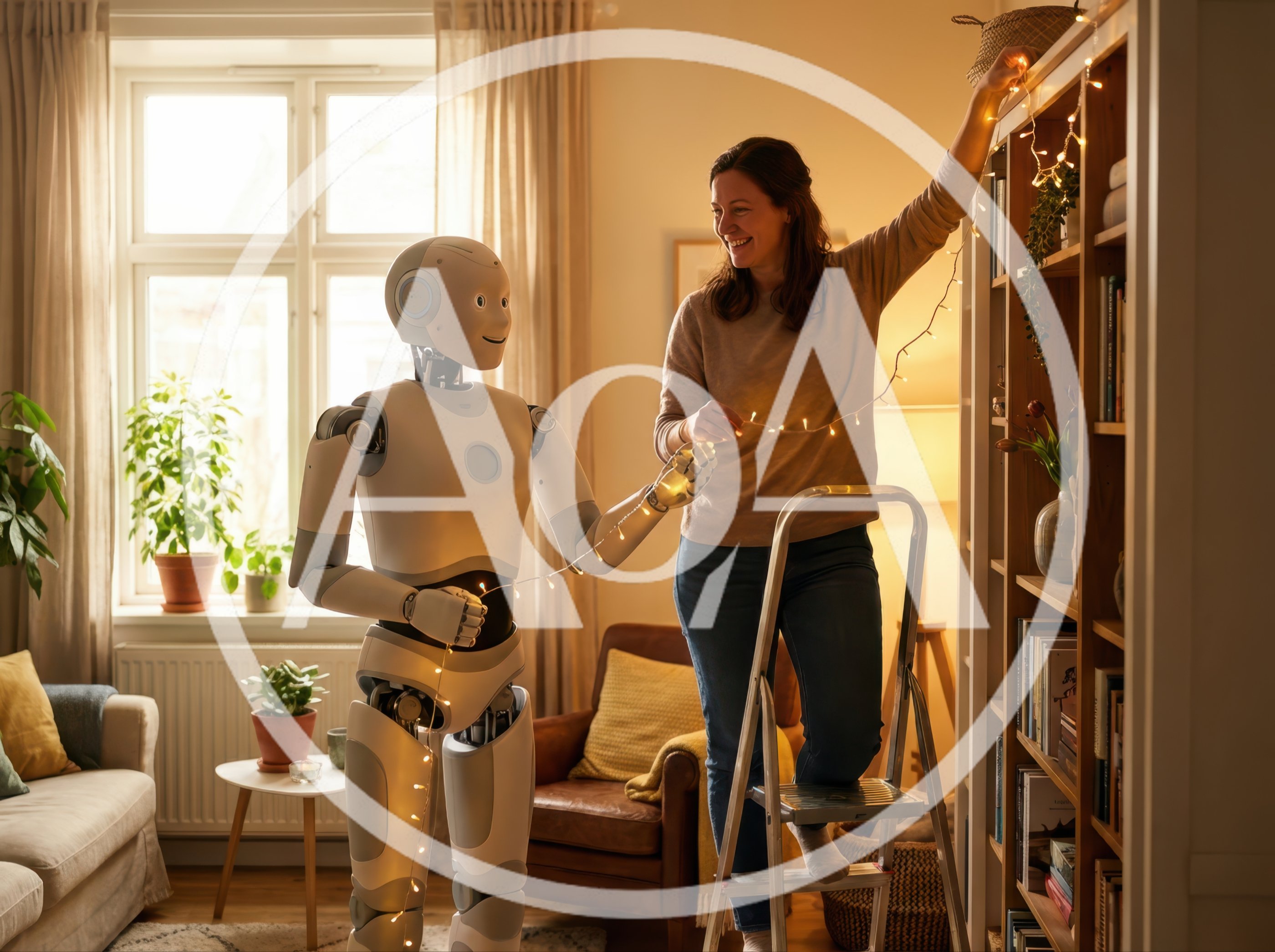Humanoid Robot Assisting Woman Decorating Bookshelf With Fairy Lights