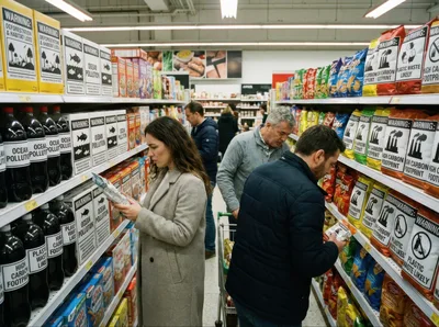 Shoppers Examining Products With Environmental Warning Labels In Supermarket