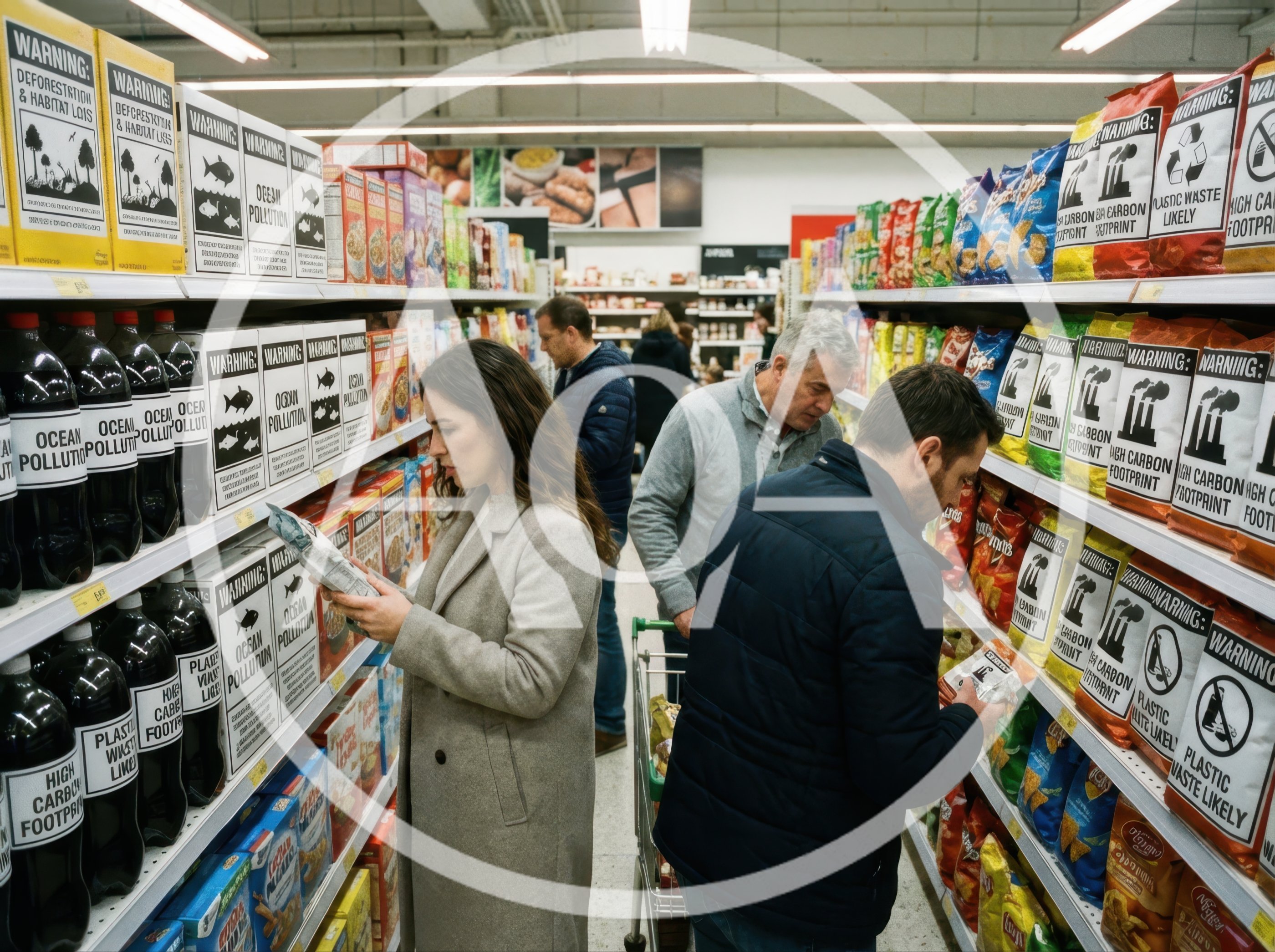 Shoppers Examining Products With Environmental Warning Labels In Supermarket