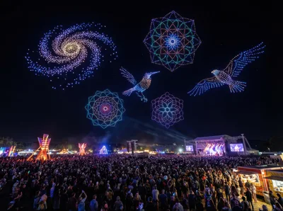 Drone Light Show Display Over Music Festival Crowd