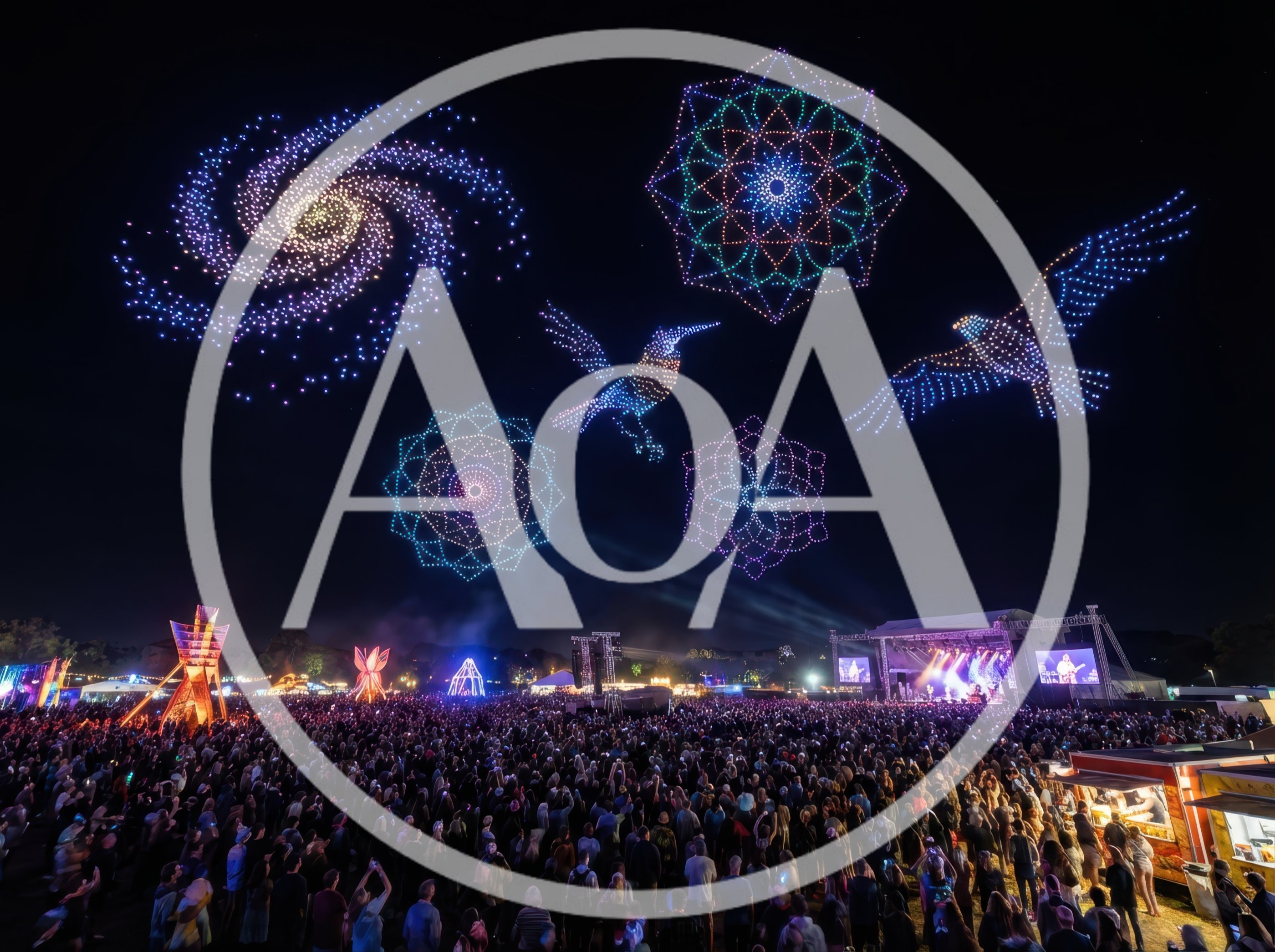 Drone Light Show Display Over Music Festival Crowd