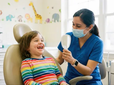 Pediatric Dentist Showing A Young Patient Their Teeth In A Mirror
