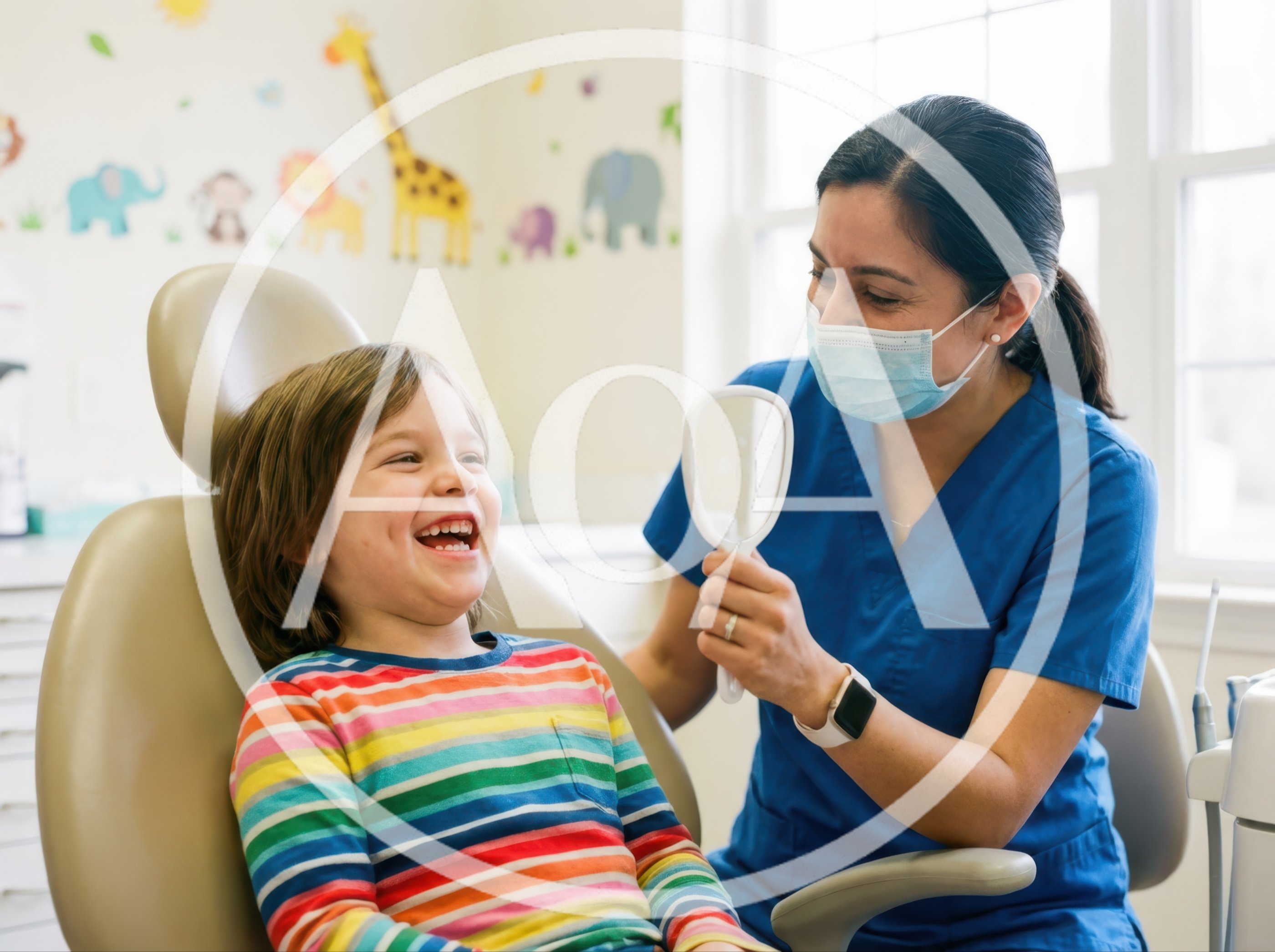 Pediatric Dentist Showing A Young Patient Their Teeth In A Mirror