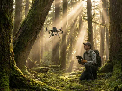 Park Ranger Operating Drone In Mossy Forest