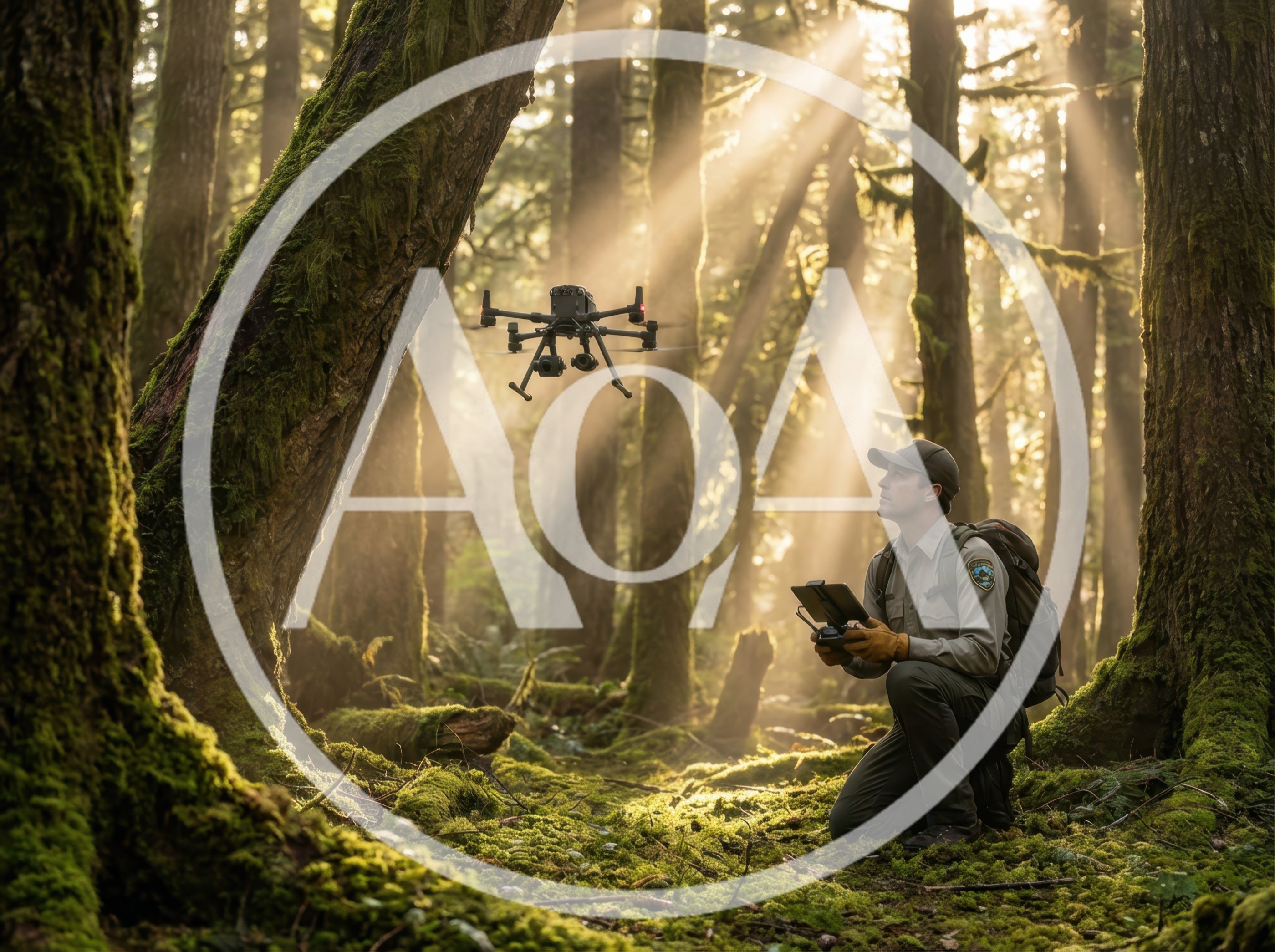 Park Ranger Operating Drone In Mossy Forest