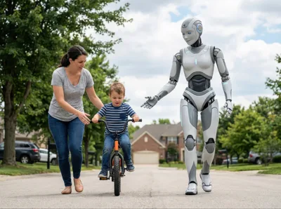 Mother And Robot Teaching Child To Ride Bicycle