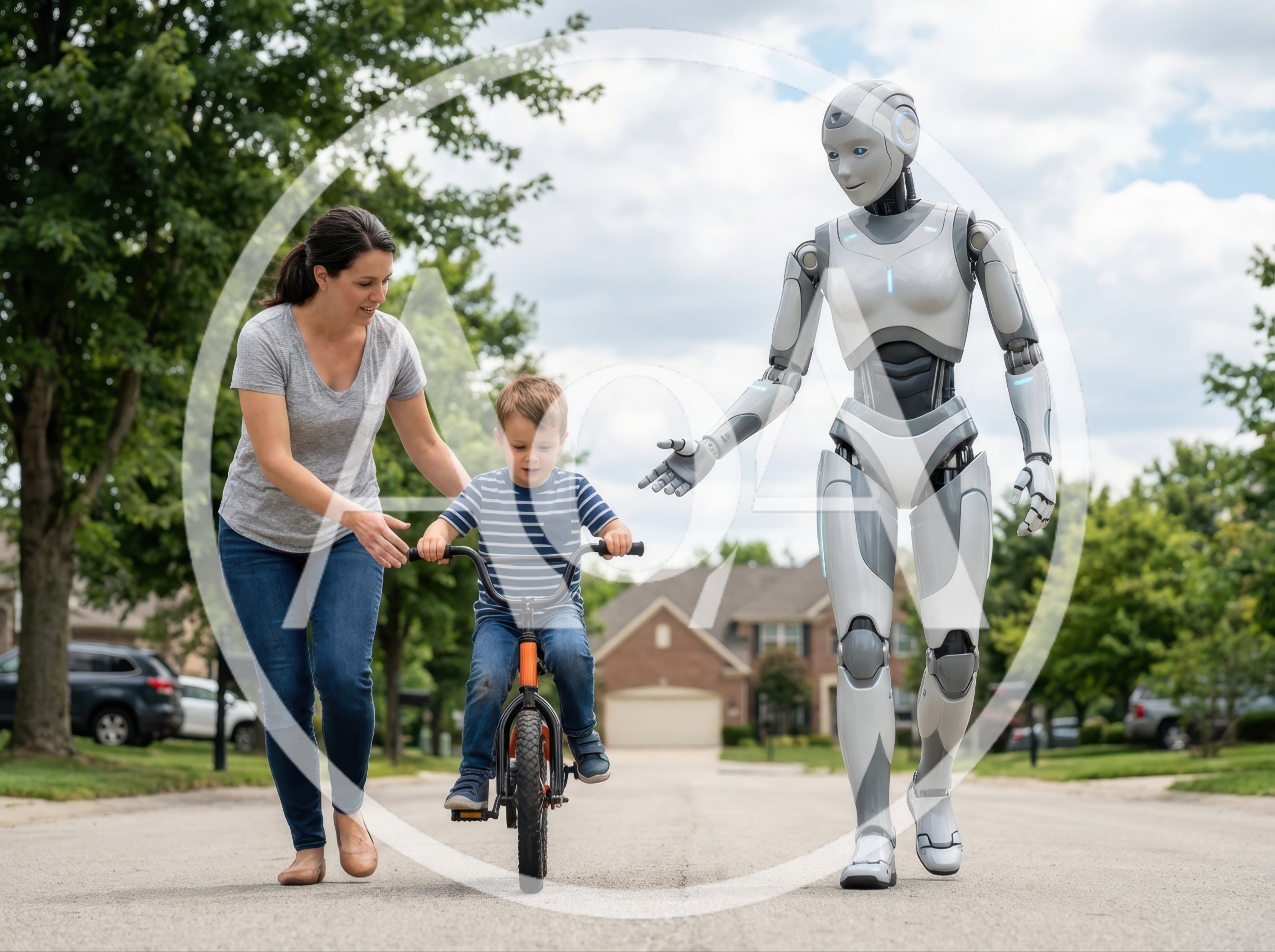 Mother And Robot Teaching Child To Ride Bicycle
