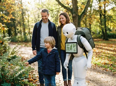 Family Exploring Nature With A Helpful Educational Robot