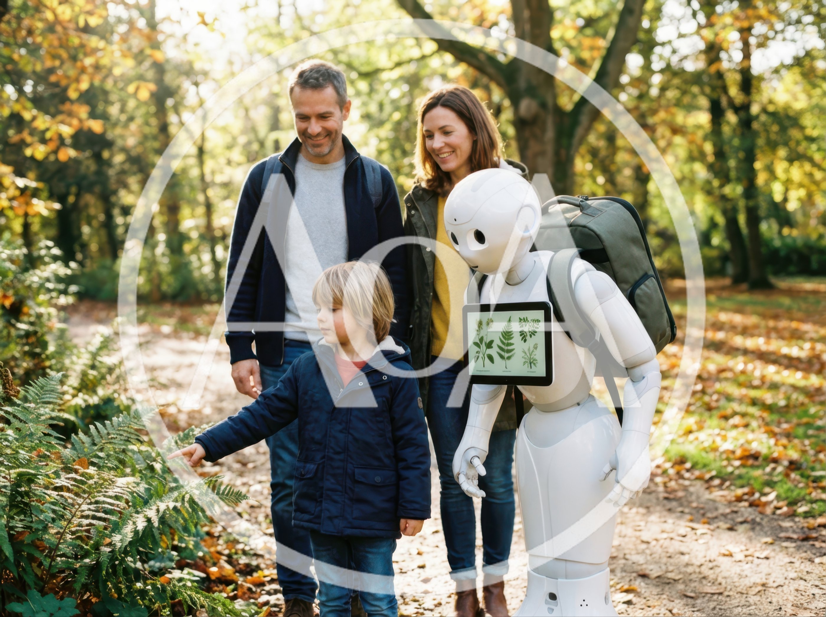 Family Exploring Nature With A Helpful Educational Robot
