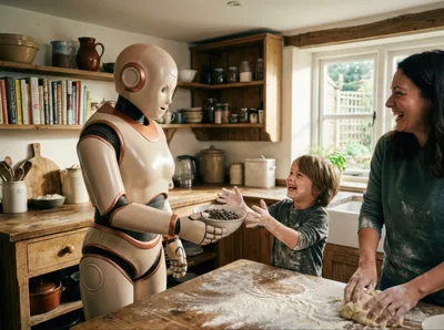 Humanoid Robot Baking Chocolate Chip Cookies With Family