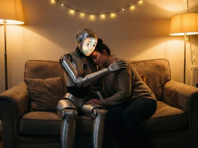 Humanoid Robot Comforting A Woman On A Sofa