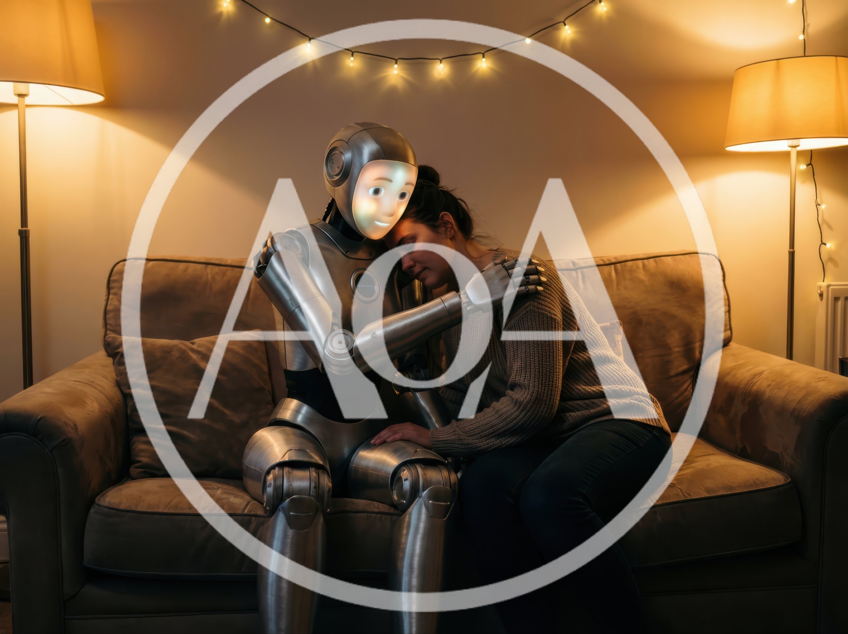 Humanoid Robot Comforting A Woman On A Sofa