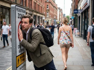 Man Listening To A Pedestrian Zone Sign