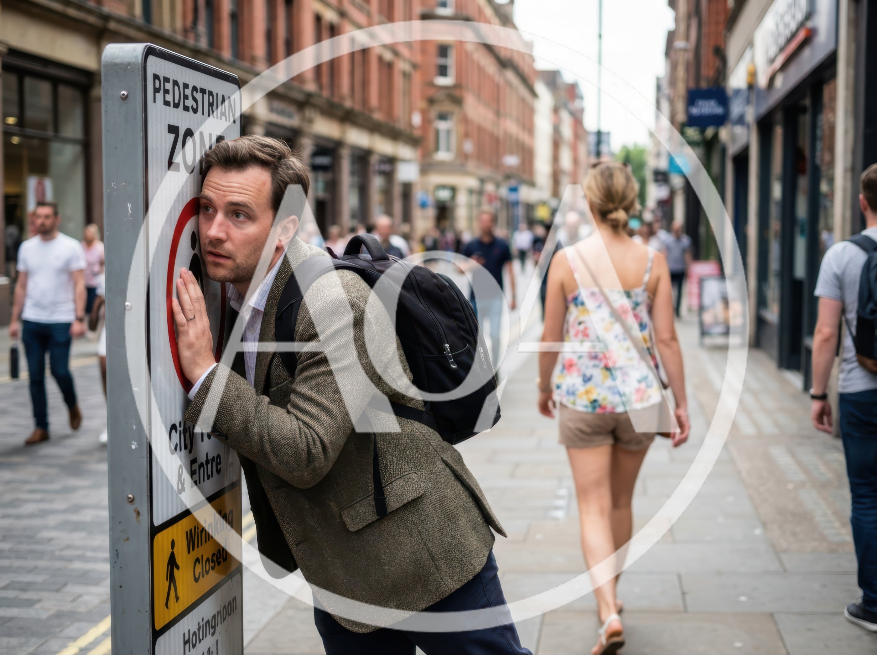 Man Listening To A Pedestrian Zone Sign