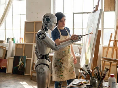 Human Artist Collaborating With A Robot Painter
