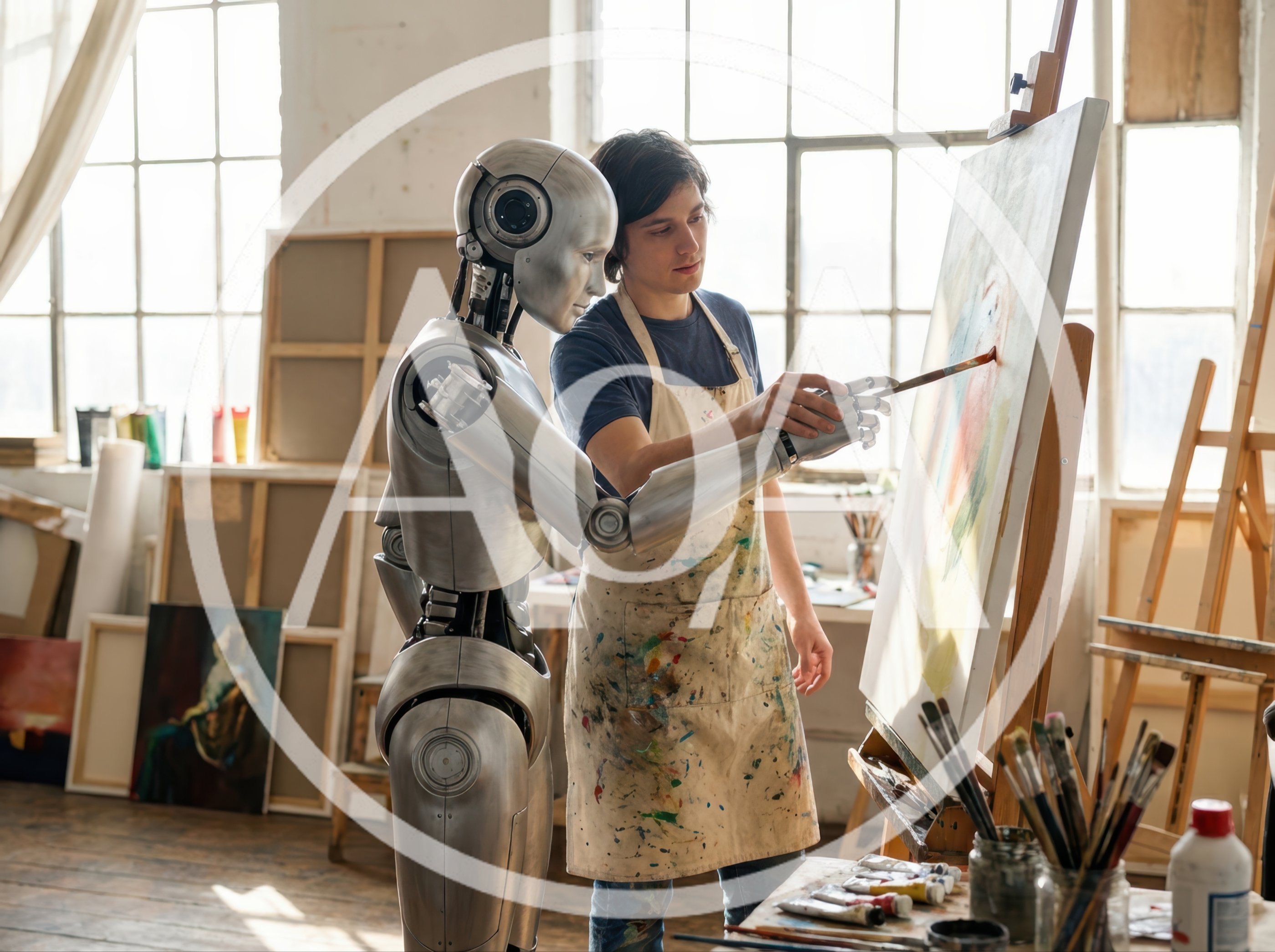 Human Artist Collaborating With A Robot Painter