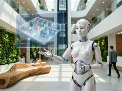 Humanoid Robot Presenting Holographic Office Floor Plan