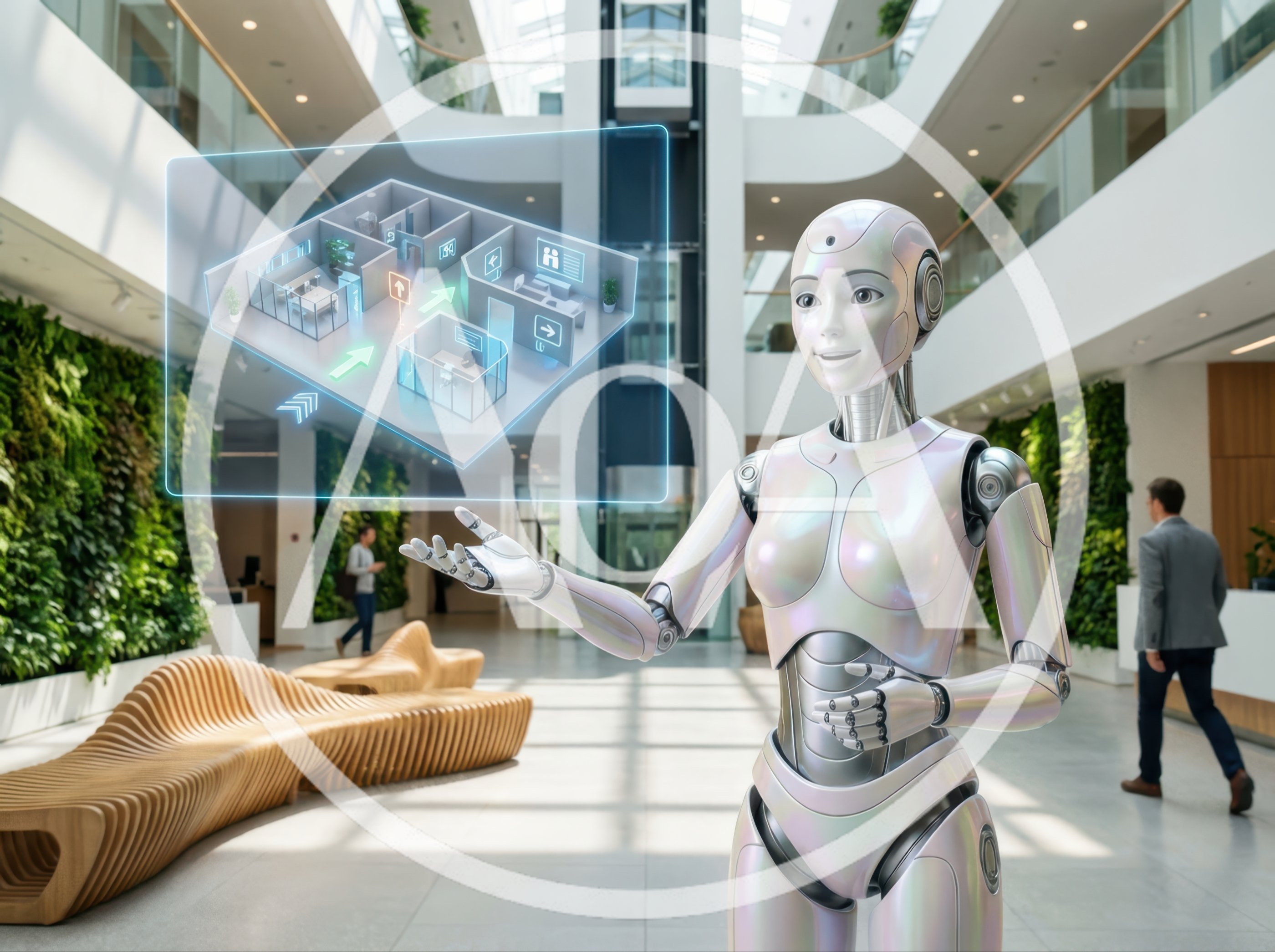 Humanoid Robot Presenting Holographic Office Floor Plan