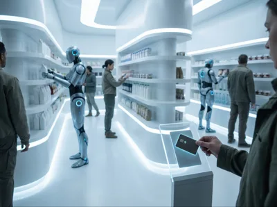 Futuristic Grocery Store With Humanoid Robots And Shoppers