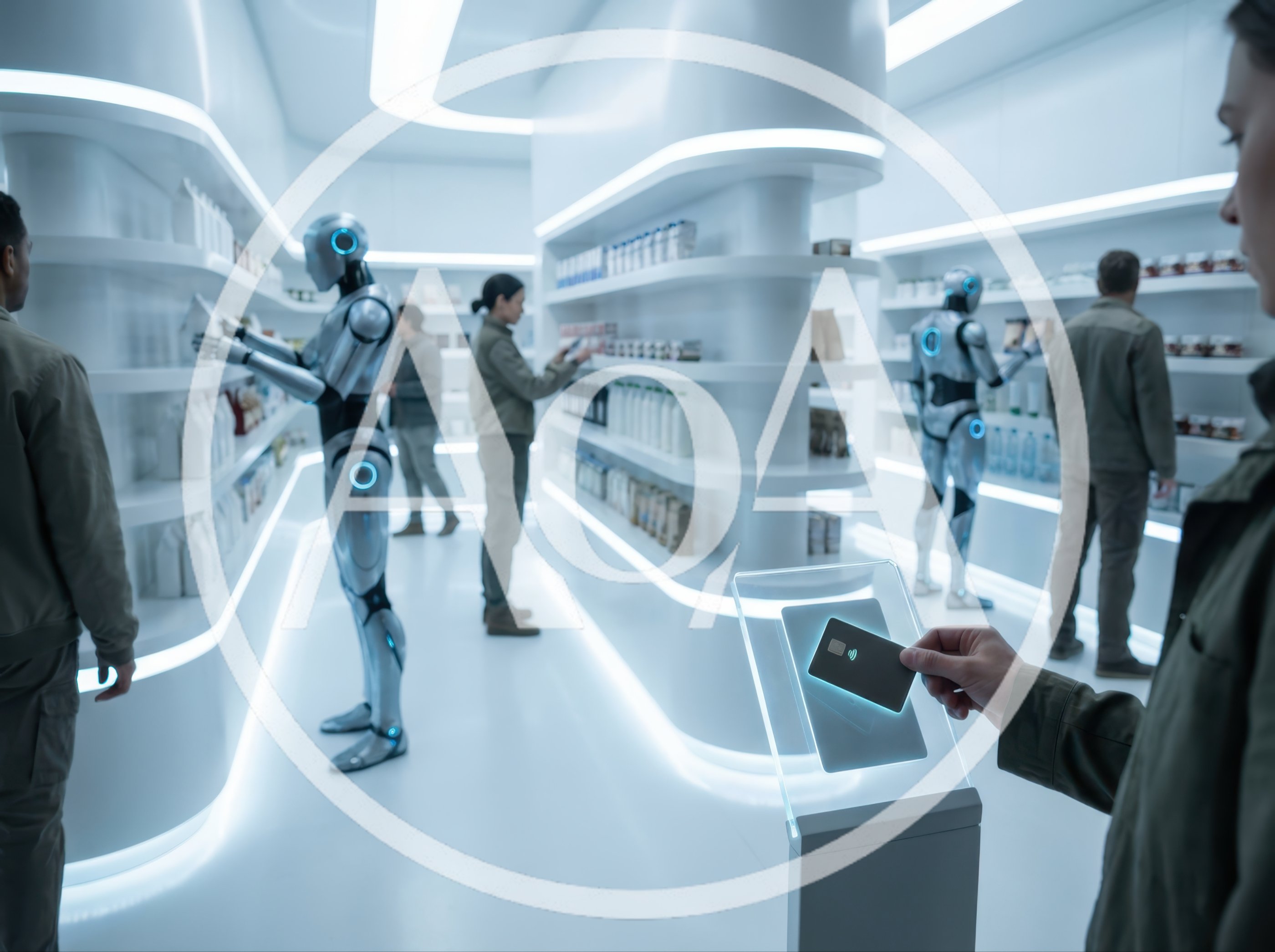 Futuristic Grocery Store With Humanoid Robots And Shoppers