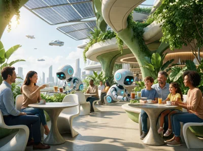 Futuristic Cafe with Robotic Servers and Diverse Families