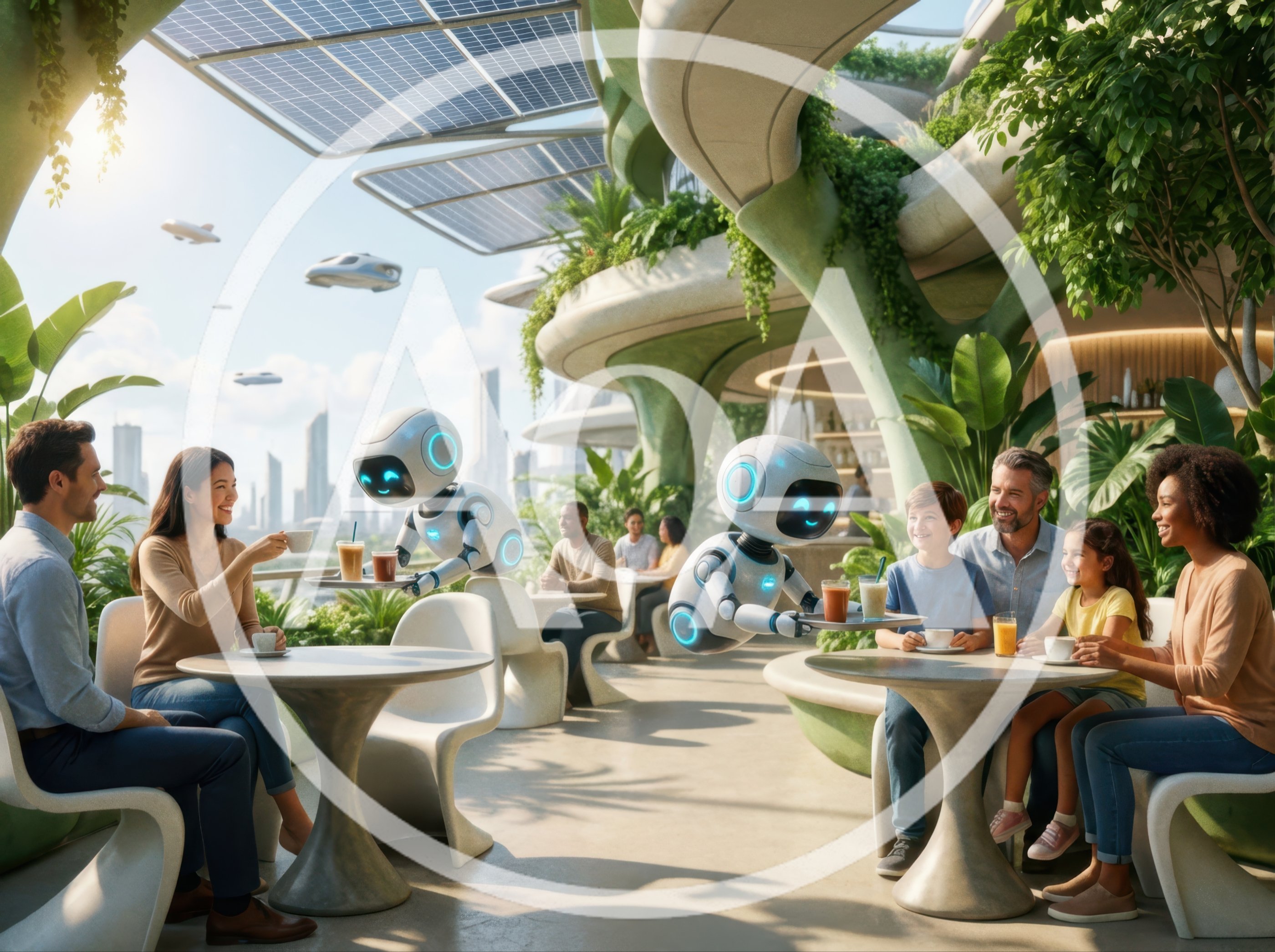 Futuristic Cafe with Robotic Servers and Diverse Families