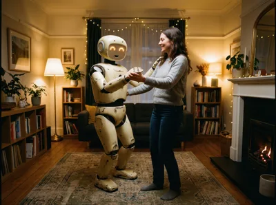 Woman Dancing With A Humanoid Robot In Living Room
