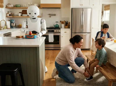 Humanoid Robot Preparing School Lunch In Modern Kitchen
