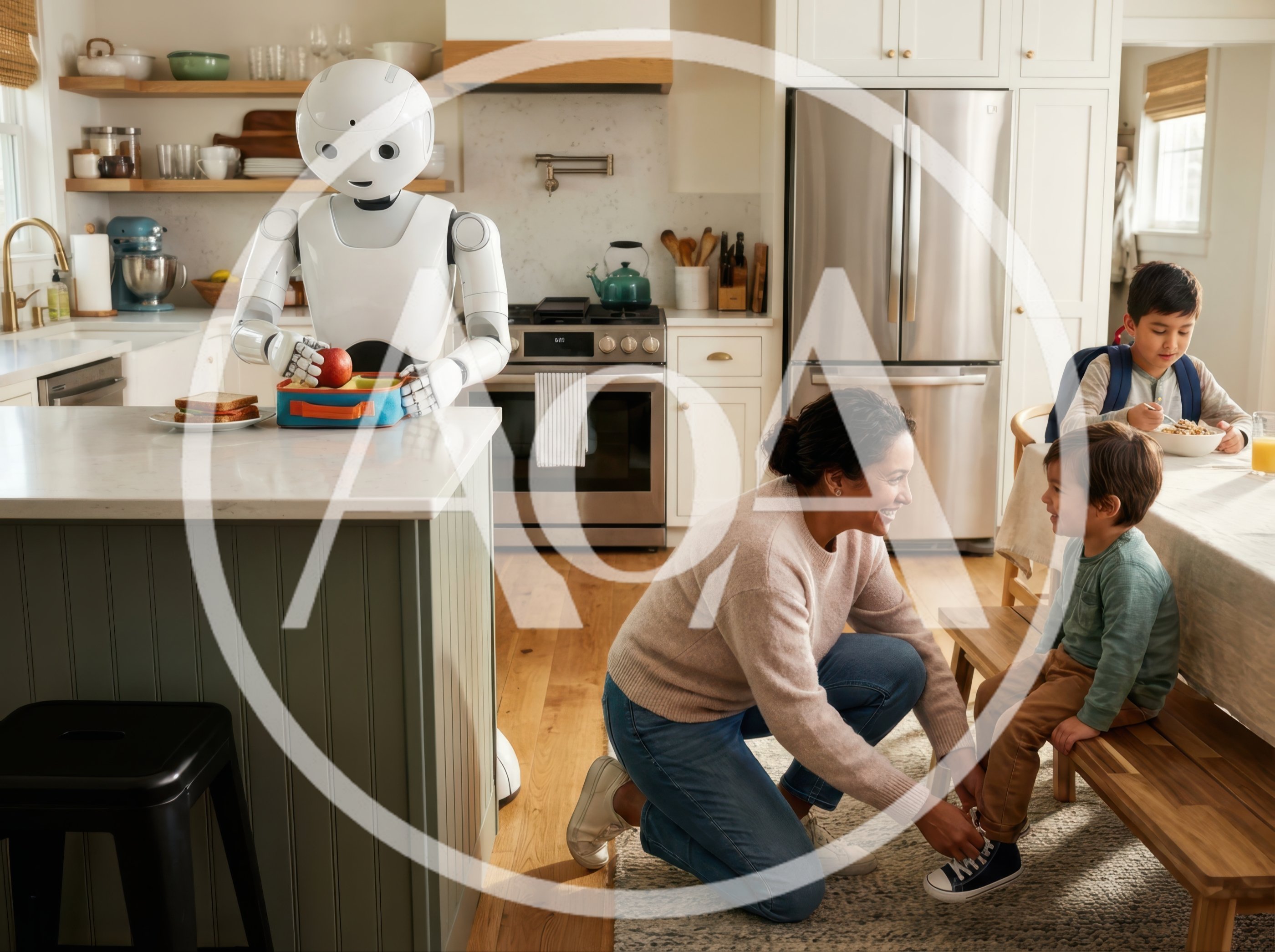 Humanoid Robot Preparing School Lunch In Modern Kitchen