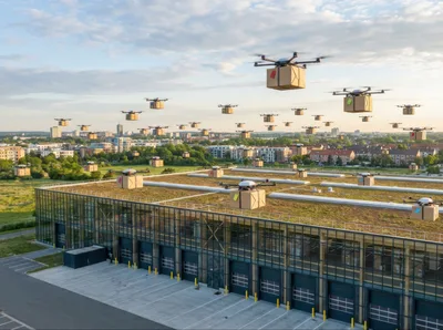 Autonomous Delivery Drones Carrying Packages Over Logistics Warehouse