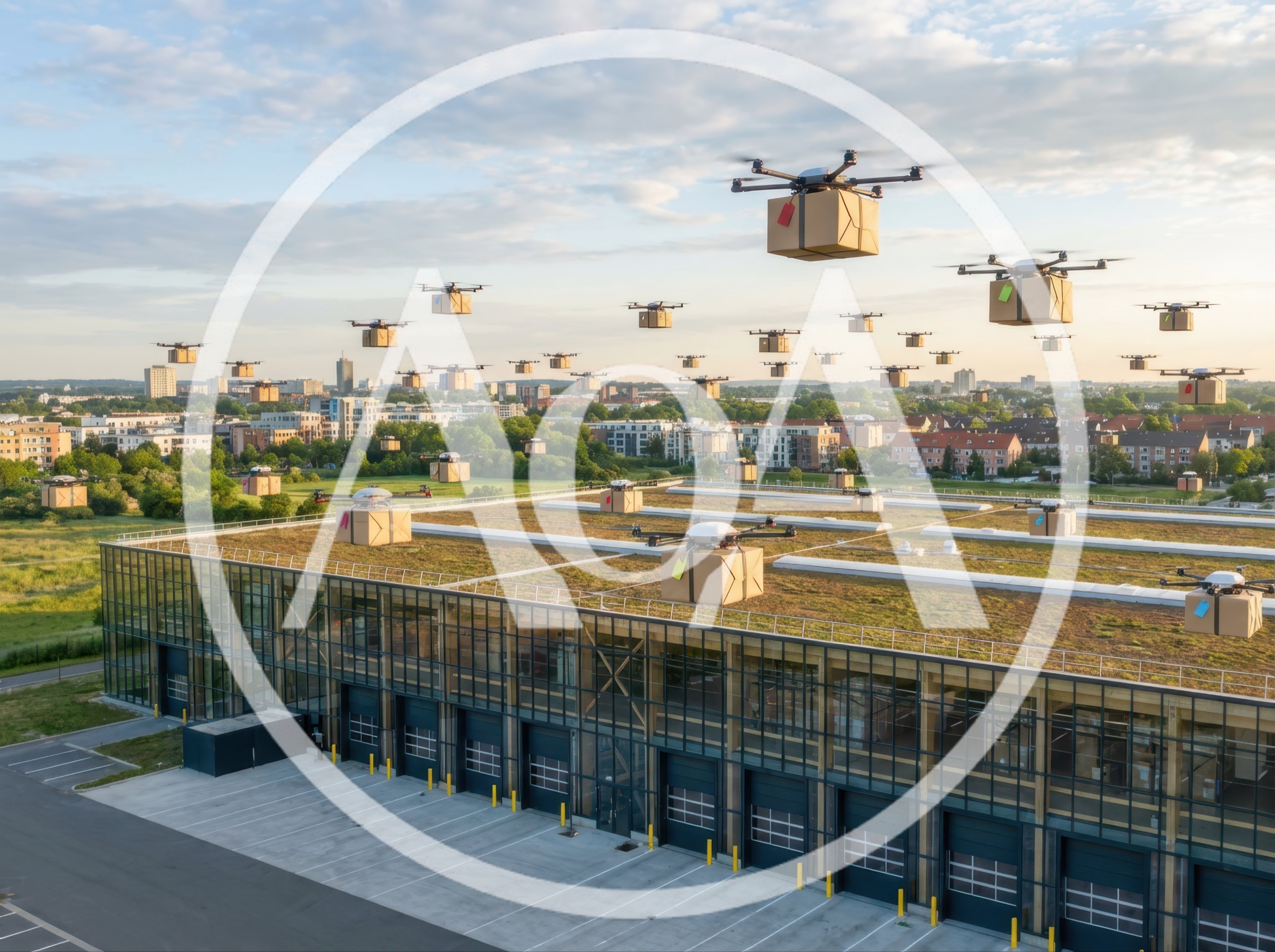 Autonomous Delivery Drones Carrying Packages Over Logistics Warehouse