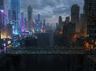 Futuristic City Divided By A Deep Canyon Bridge