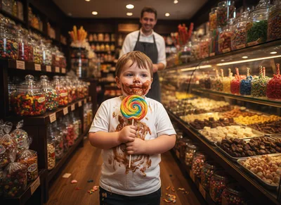 Messy Young Boy Eating Lollipop in Candy Store