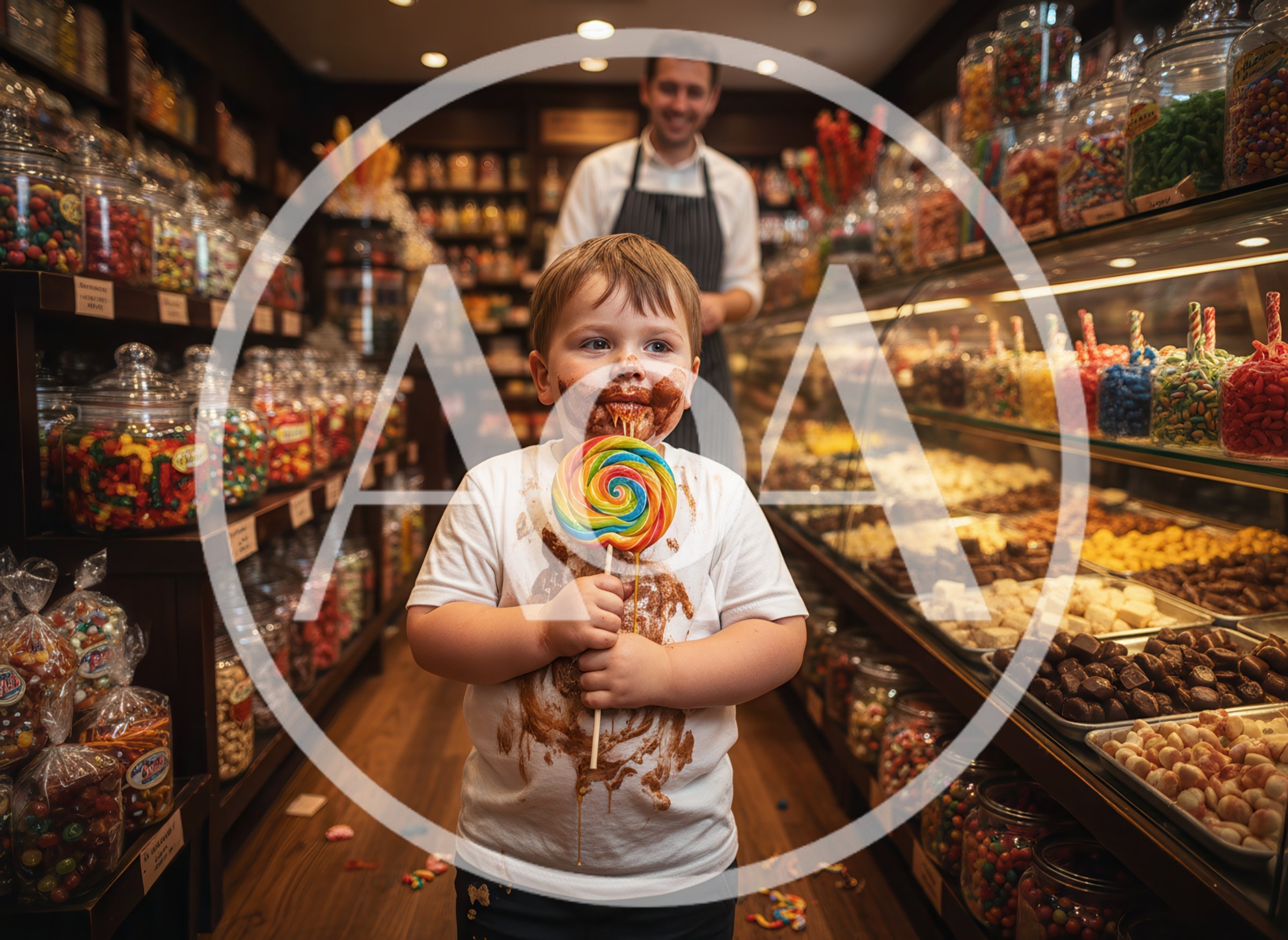Messy Young Boy Eating Lollipop in Candy Store