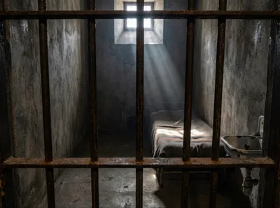 Dimly Lit Prison Cell With Iron Bars