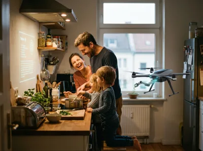 Family Cooking Together With Futuristic Kitchen Drone