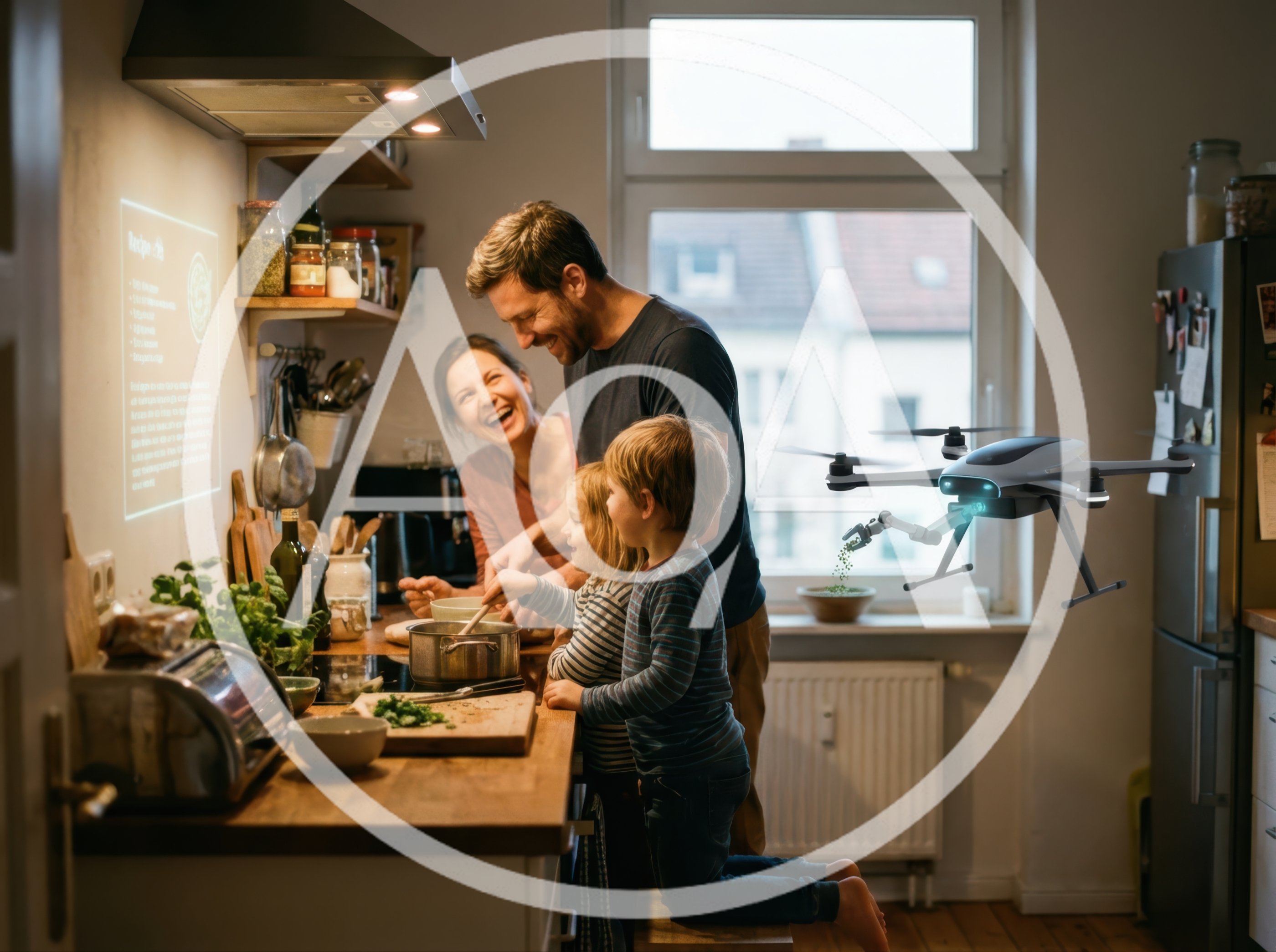 Family Cooking Together With Futuristic Kitchen Drone