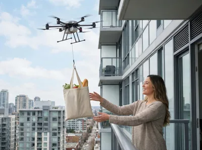 Woman Receiving Grocery Delivery From Drone On Apartment Balcony