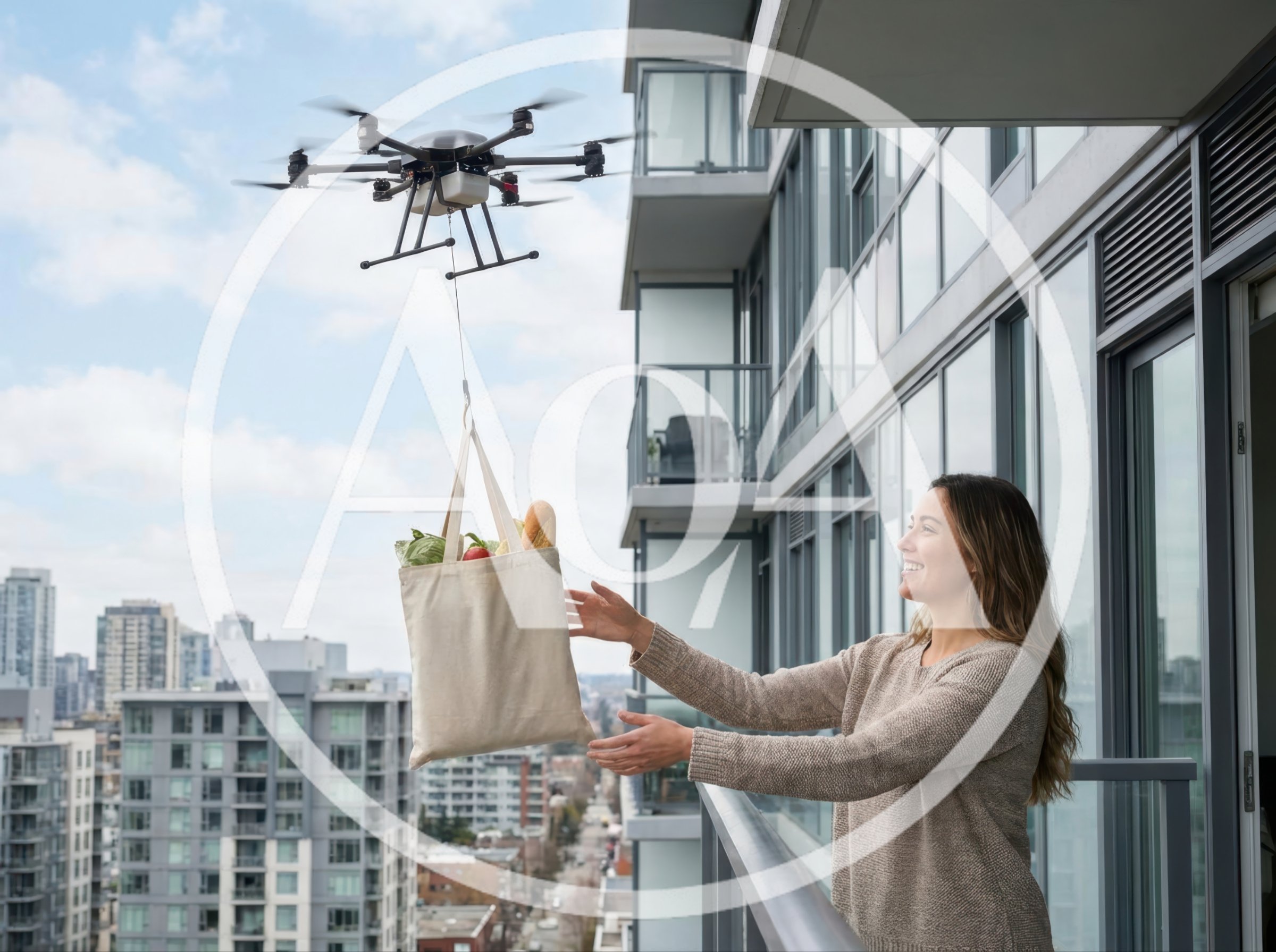 Woman Receiving Grocery Delivery From Drone On Apartment Balcony