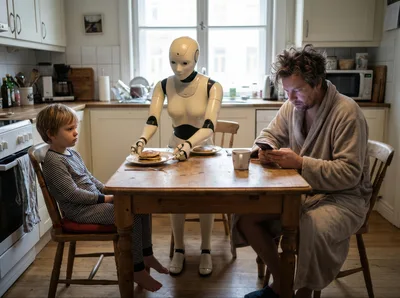 Humanoid Robot Serving Breakfast to Child and Father