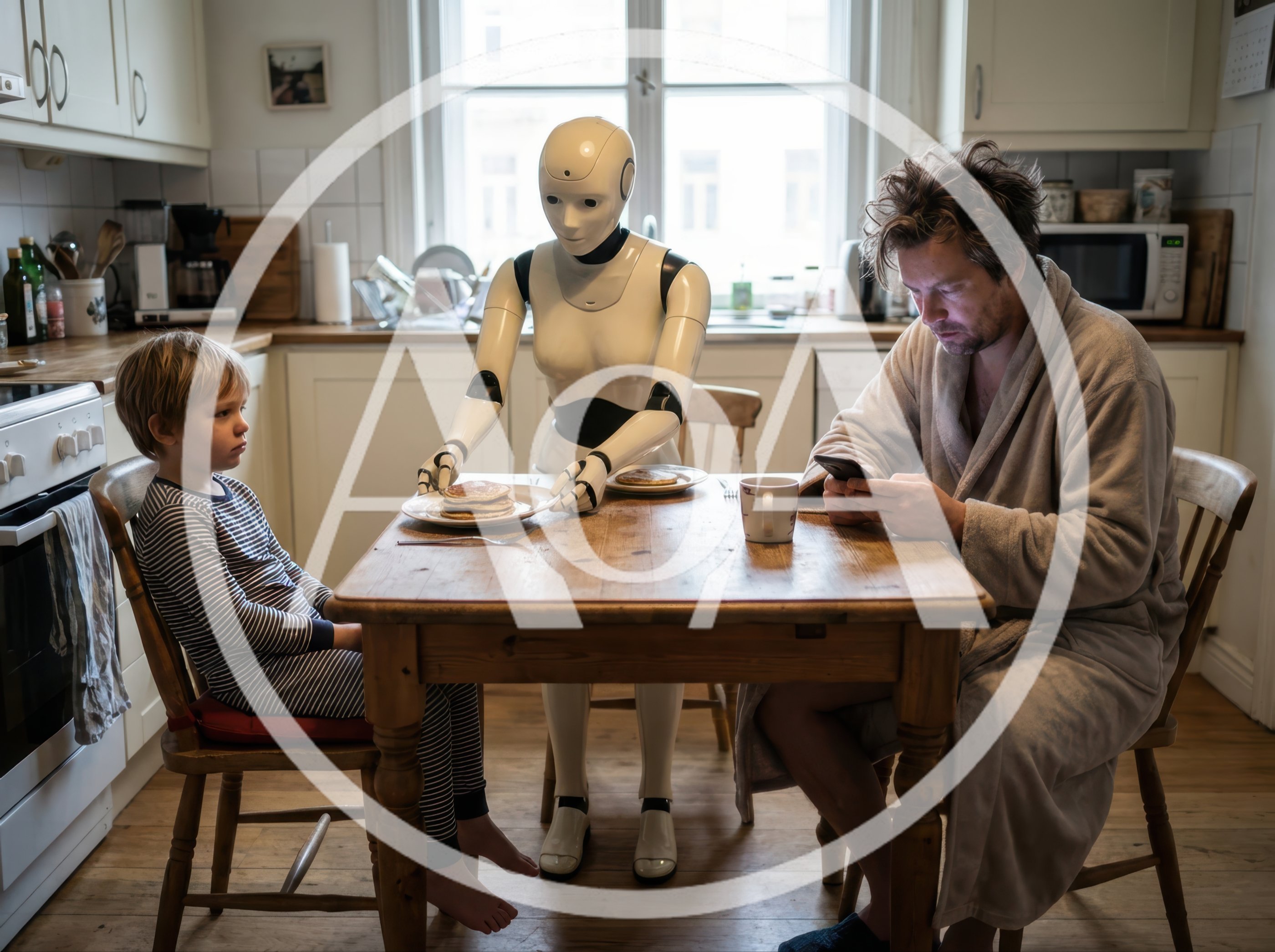 Humanoid Robot Serving Breakfast to Child and Father