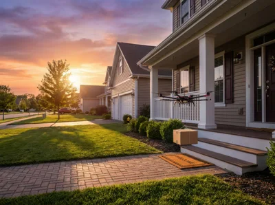 Drone Delivering Package To Suburban House Porch
