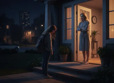 Disappointed Mother Confronting Daughter Arriving Home Late At Night
