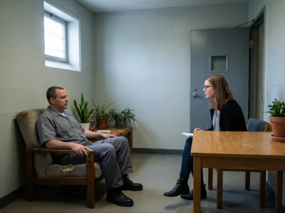 Prison Counselor Conducting Interview With Inmate