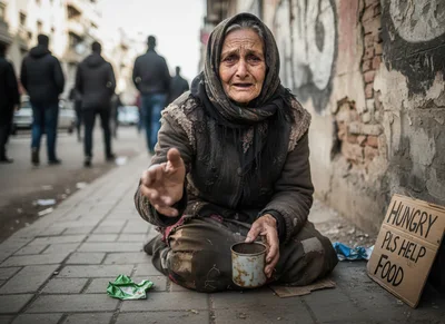 Elderly Homeless Woman Begging On City Sidewalk