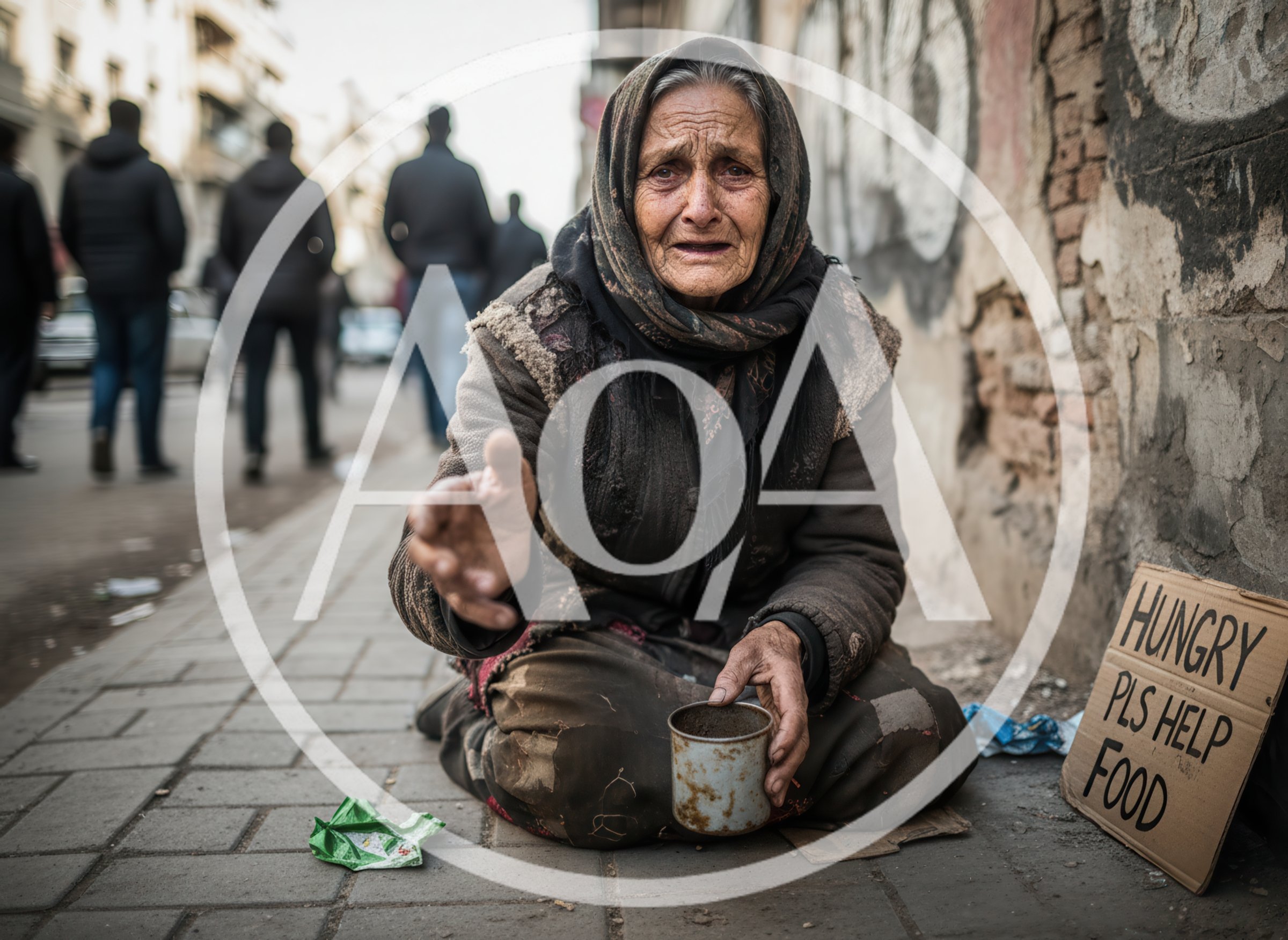 Elderly Homeless Woman Begging On City Sidewalk