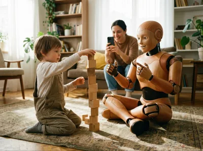 Child Playing With Wooden Blocks Beside Humanoid Robot
